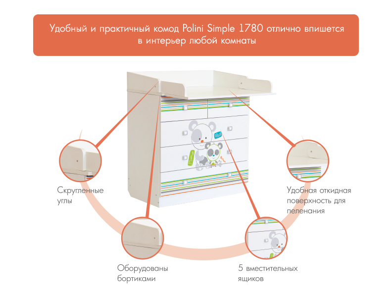 Пеленальный комод Polini Simple 1780, белый