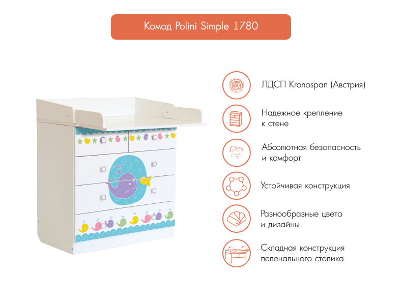 Пеленальный комод Polini Simple 1780, белый
