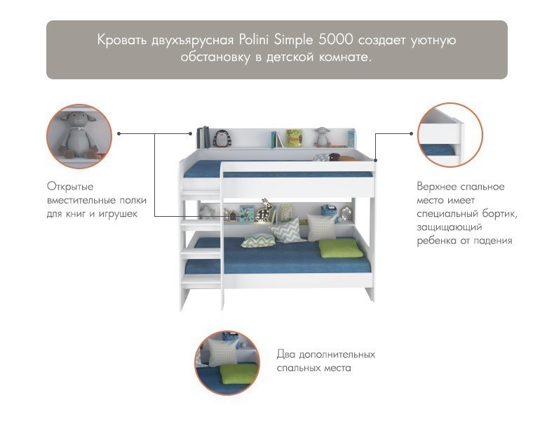 Кровать-чердак двухъярусная Polini Simple 5000, белый