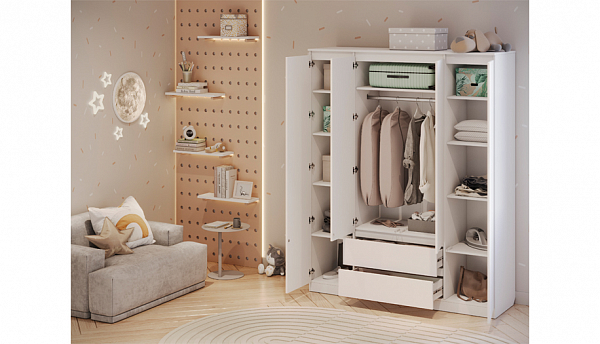 Шкаф четырехсекционный Polini kids Simple 1920, с ящиками, белый