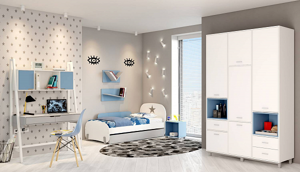 Шкаф трехсекционный Polini kids Mirum 2335, на ножках, белый/голубой
