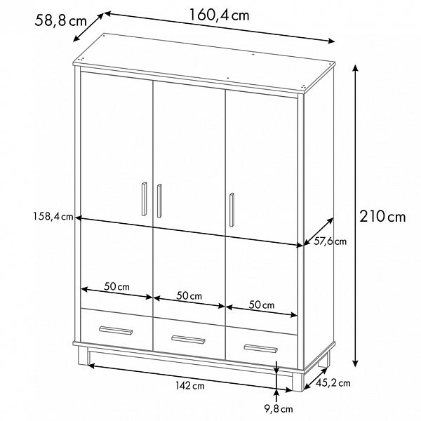 Шкаф трехсекционный Polini kids Simple 3415, с ящиками, на ножках, белый