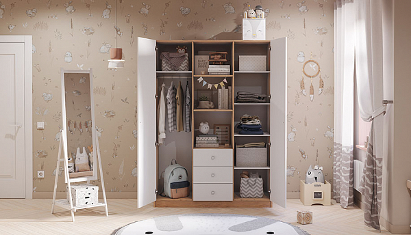 Шкаф трехсекционный Polini kids Simple, дуб крафт золотой-белый