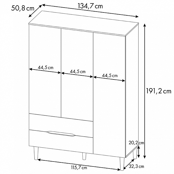 Шкаф трехсекционный Polini kids Simple 3615, с ящиками, белый-натуральный
