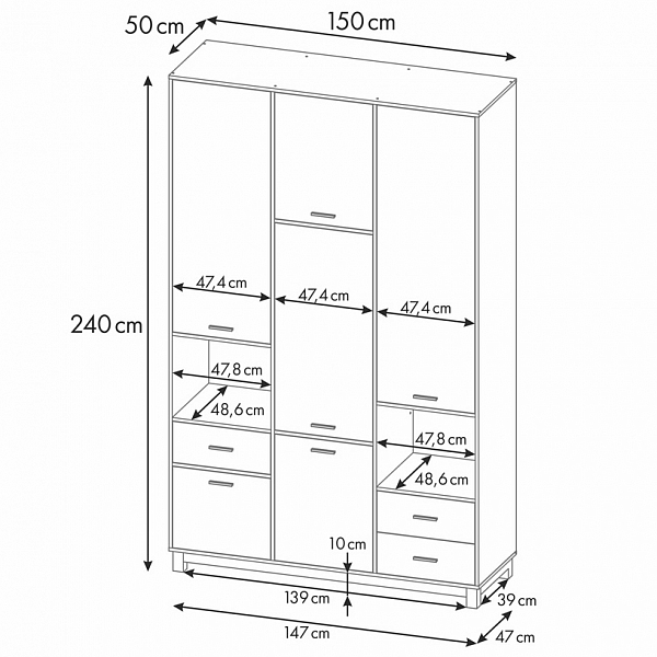 Шкаф трехсекционный Polini kids Mirum 2335, на ножках, белый/голубой